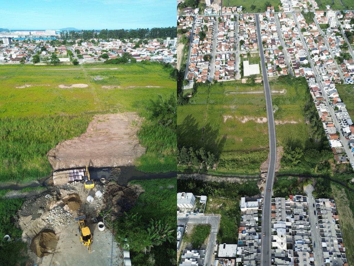 Vista aérea antes e depois da obra de ligação entre os bairros Centro e Mata Atlântica em Tijucas