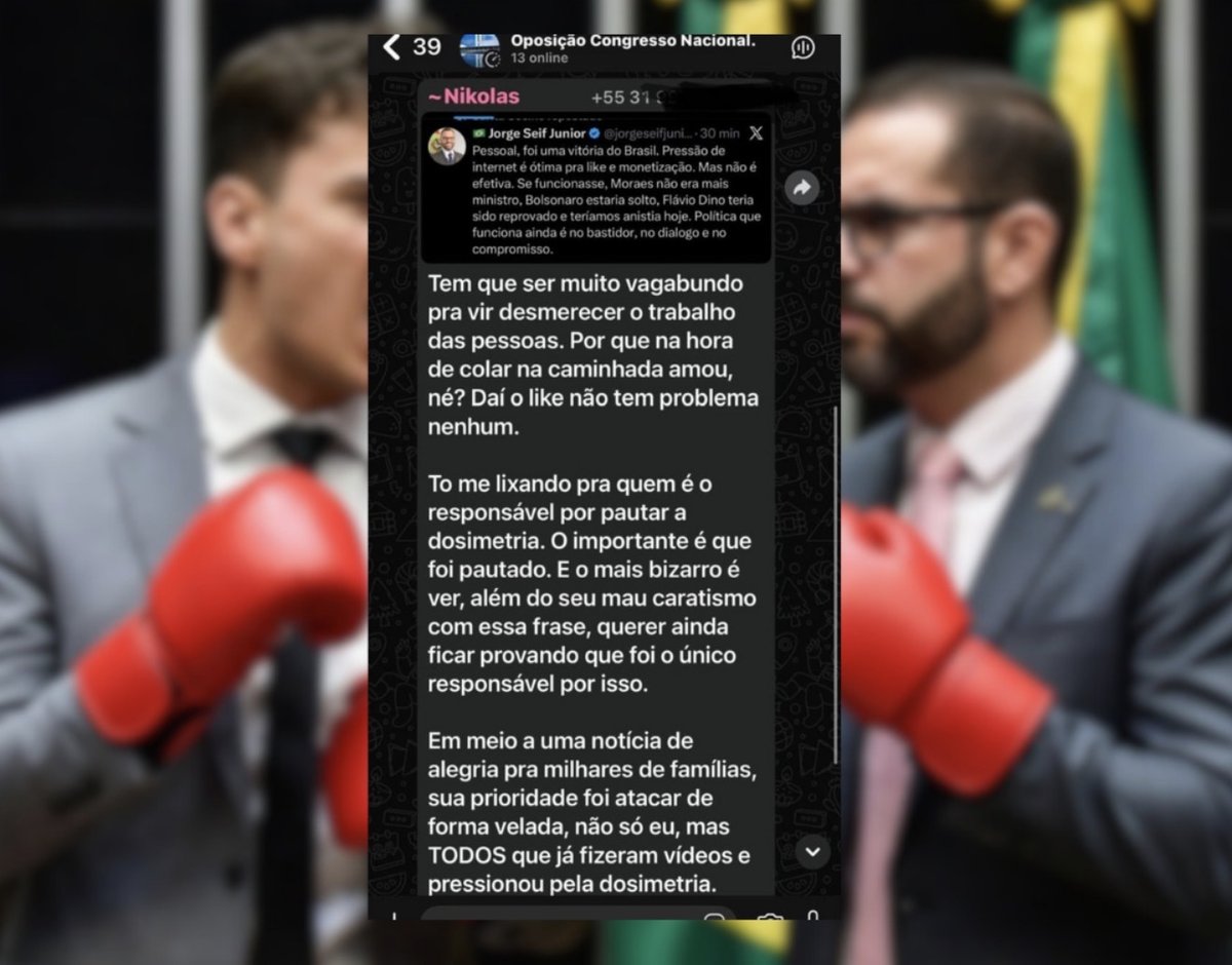 Mensagem de Nikolas Ferreira no grupo de WhatsApp da oposição xingando Jorge Seif de vagabundo