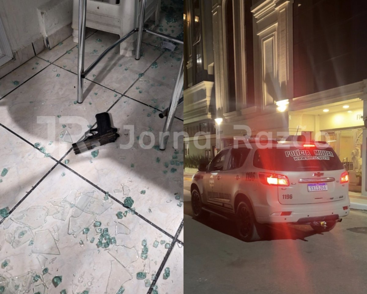 Arma apreendida e viatura da Polícia Militar no local do confronto em Itapema