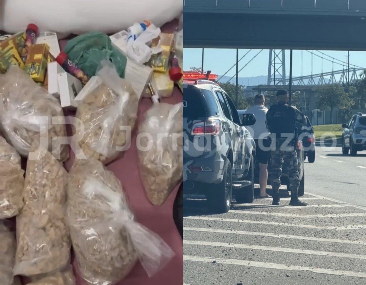 Abordagem do Batalhão de Choque da PMSC na entrada da ponte em Florianópolis e parte das drogas apreendidas em Palhoça