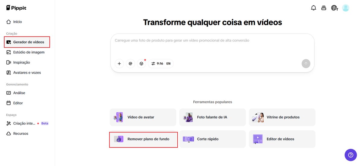 Painel inicial do Pippit com a opção Gerador de vídeos e Remover plano de fundo destacadas
