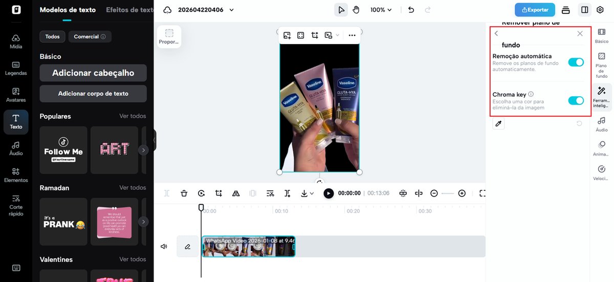 Editor do Pippit com painel de Remover plano de fundo, opções de Remoção automática e Chroma key