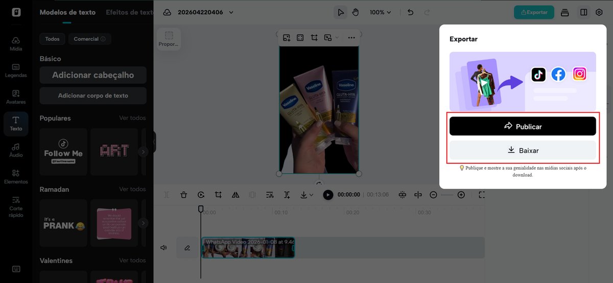 Janela de exportação do Pippit com botões Publicar e Baixar