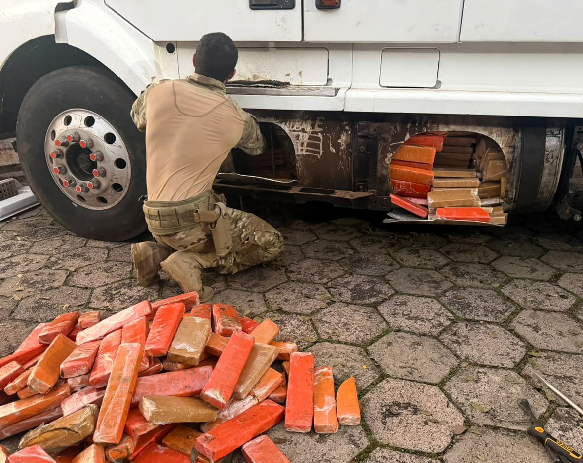 Cão farejador da PRF encontrou 581 kg de maconha escondidos em carreta no Oeste de SC