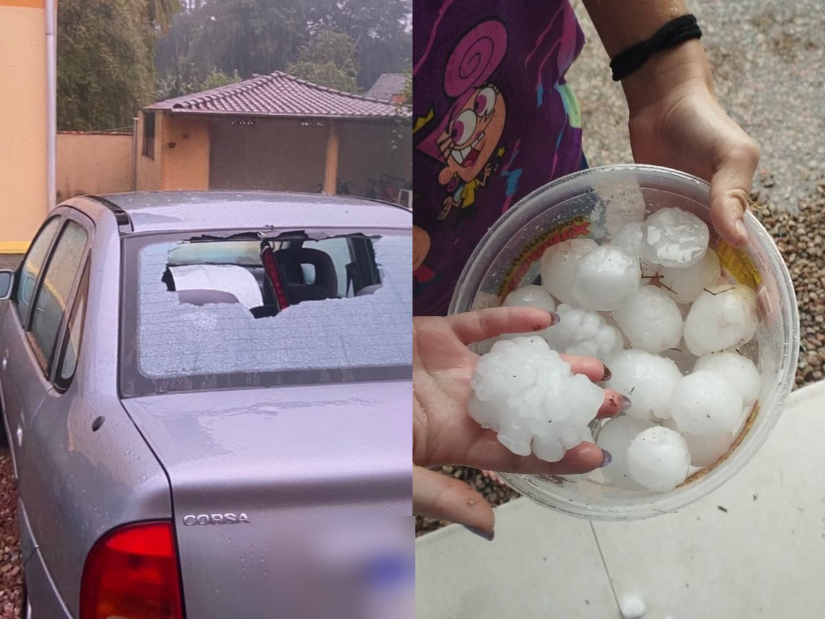Granizo do tamanho de ovo quebrou vidros de carros e deixou quintais brancos em Guabiruba e Brusque